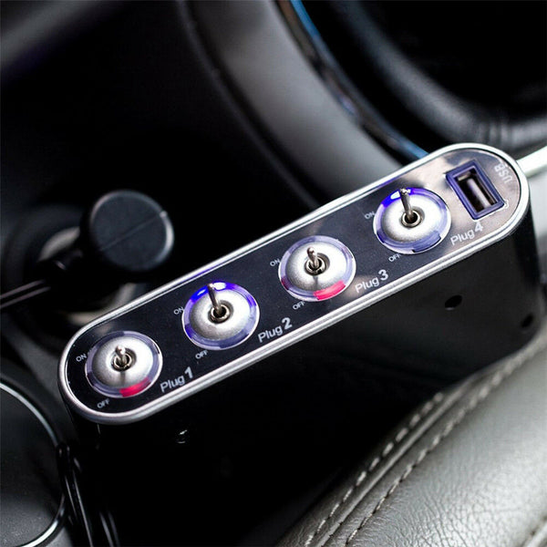 12V/24V In-Car USB Charger Four Sockets Cigarette Lighter with Fuse Mini Switch