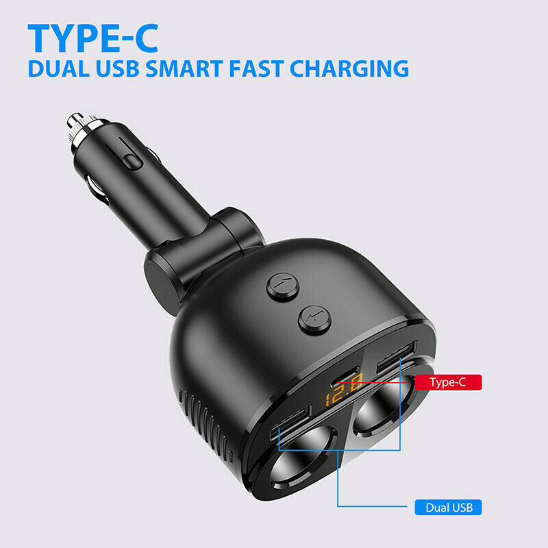 2-Way Cigarette Lighter Socket Splitter Dual USB + PD Charger Power Adapter Car