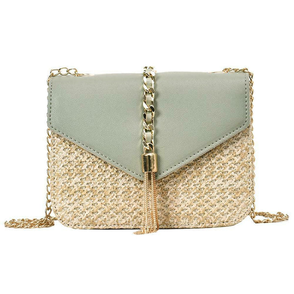 Straw Leather Women Messenger Bag Small Flap Purse Shoulder Handbag (Green)