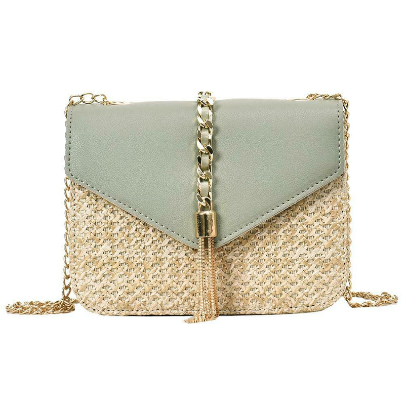 Straw Leather Women Messenger Bag Small Flap Purse Shoulder Handbag (Green)