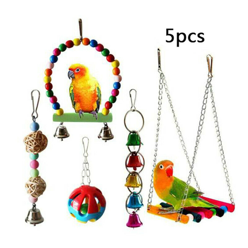 5pcs Bulk Bird Parrot Toys Hanging Bell Pet Cage Hammock Swing Wooden L BOO