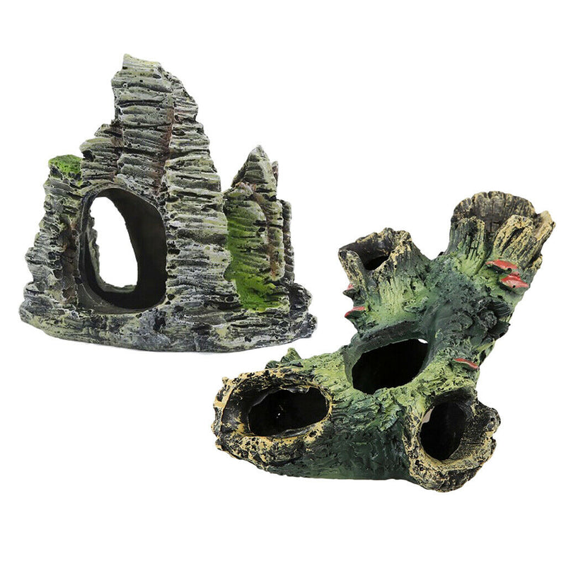 Set of 2, Artificial Mountain & Hollow Tree with Fish Cave Fish Tank Aquarium