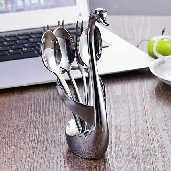 Swan Base Holder With Fruit/ Dessert Fork Cake Spoon Set Pastry Forks Creat W6Q2