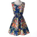Lady's Sleeveless O-neck Flower Printed Casual Mini Dress--Blue-and-white A H7Y1
