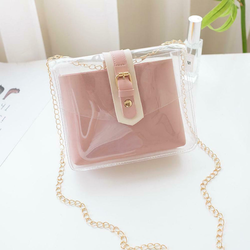 2pcs/set Clear Shoulder Handbags PVC Women Chain Crossbody Clutch (Pink) A