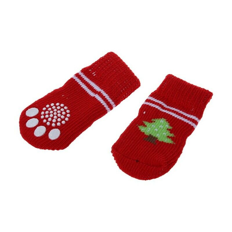 4 PCS Tree Pattern Knitted Nonslip Walking Bootie Sock Red for Dog P5N1