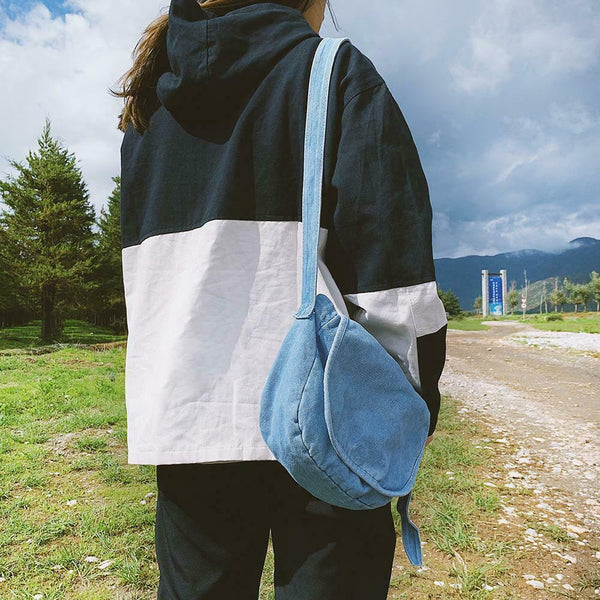 Women Canvas Denim Crossbody Bags Pure Color Flap Shoulder Bag (Light Blue)