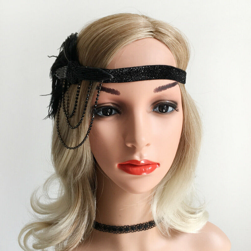 1920s Flapper Feather Headband/Women Rhinestone Beaded Headpiece/Bohemian Style