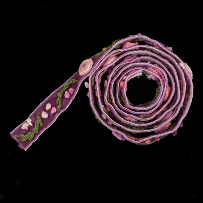 1 Yard Elegant Flower Embroidered Velvet Ribbon Lace Trim Purple for Sewing