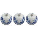 30x Flower Pattern Round Ceramic Beads 12mm(4/8inch) Dia. White+Blue