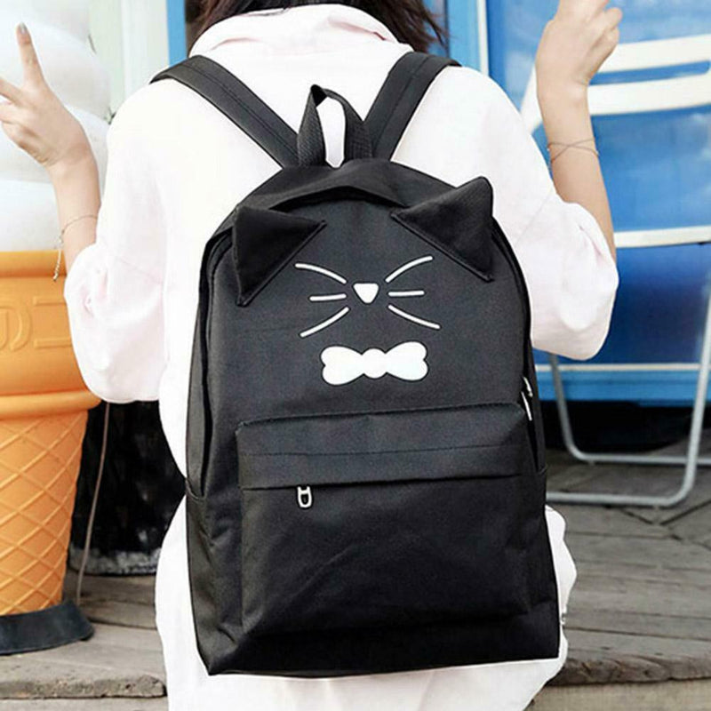 Women PU Leather Lovely Cartoon Cat Printed Backpack Shoulder Bag(Black)