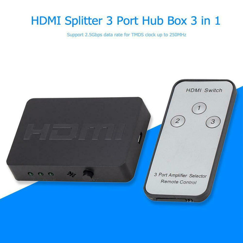 HDMI Splitter 3 Port Hub Box 3 in 1 Out Switcher 1080P HD w/ Remote Control