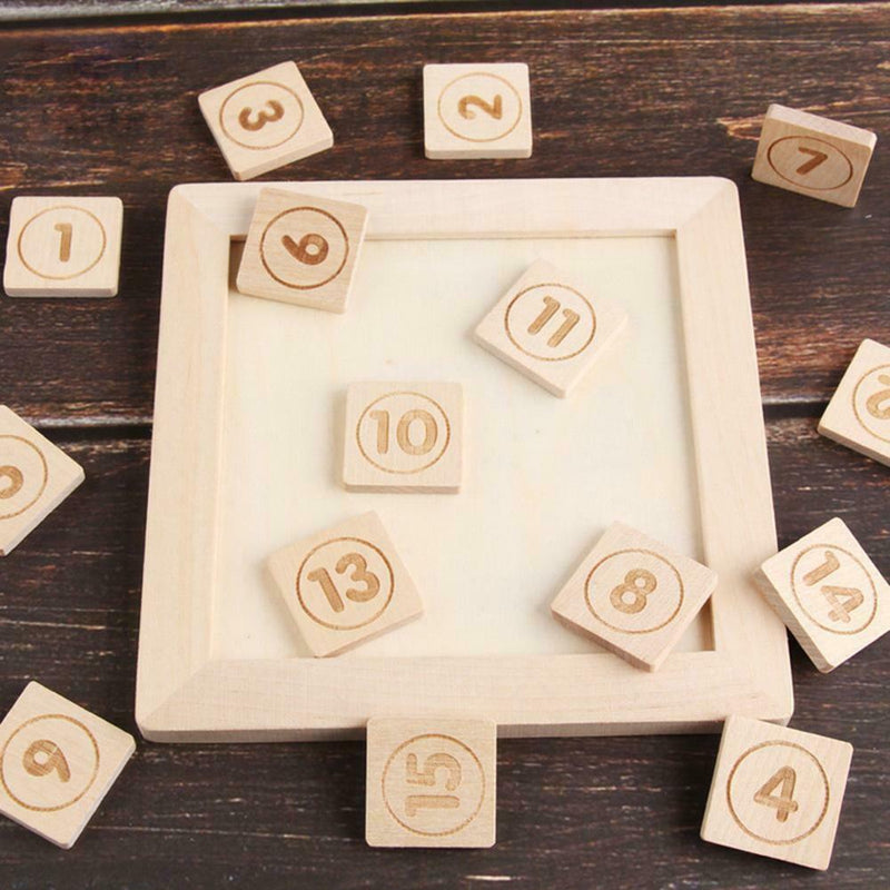 15 Sliding Tiles Math IQ Game Toys Wooden Brain Game for Adults Children