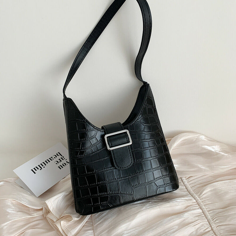 Stone Pattern Women Handbag Leather Female Retro Shoulder Tote Bag (Black)