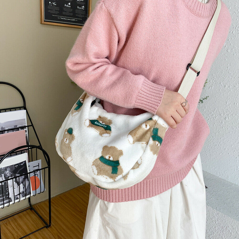 Korean Bear Crossbody Tote Bag Women Plush Casual Shoulder Dumpling Handbag