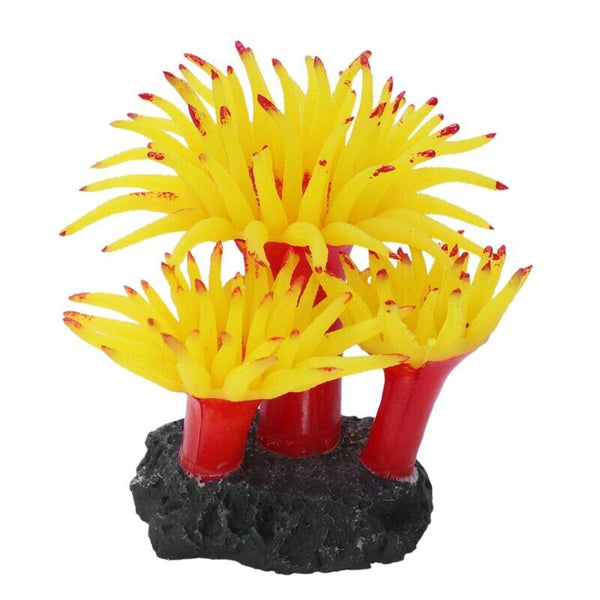 Concrete Base Silicone Coral Anemone Aquarium Plant Decoration, Yellow K9P9