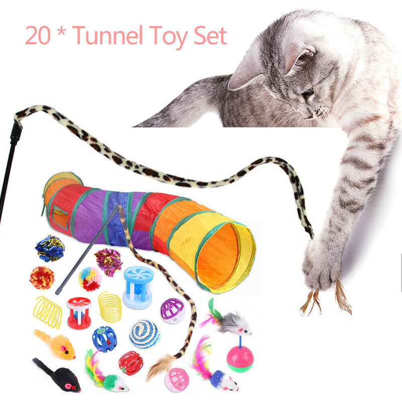 20pcs Cat Tunnel Toys Kit Cat Teaser Feather Wand Sisal Ball Pet Supplies A