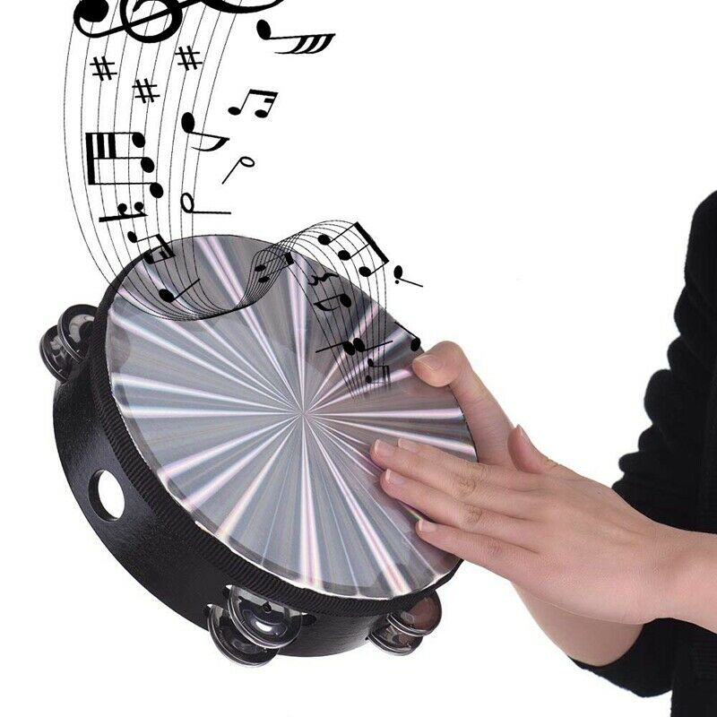 8 Inch Wooden Tambourine Handbell Hand Drum Reflective Head Percussion Inst