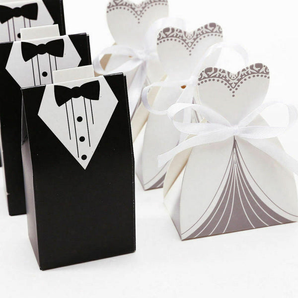 100pcs Bride and Groom Dress Candy Box Tuxedo Ribbon Party Wedding Favors IEM