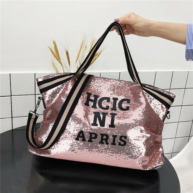 Letters Sequin Crossbody Shopping Bags Women Large Shoulder Handbag (Pink)