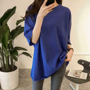 Summer Half Sleeve Long T-shirt Candy Color Loose Women Tops (Dark Blue XL)