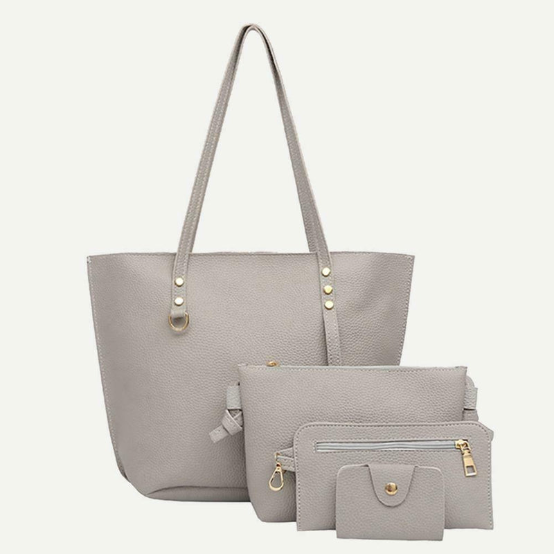 4pcs/set Solid Color Litchi Pattern Women Shoulder Handbags Clutch (Grey)