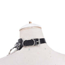 Black Leather Choker Metal Ring Chain Necklace Collar Handmade Goth Punk-Jewelry