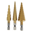 3Pcs Titanium Step Drill Bits HSS Wood Power Tools 3-12mm 4-12mm 4-20mm