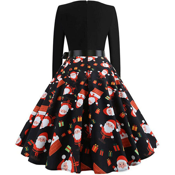 Christmas Retro Round Neck Printed Long Sleeve Swing Dress