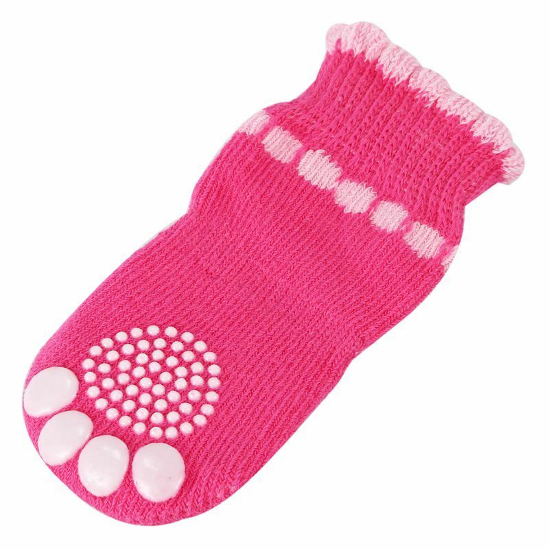 Pet Puppy Dog Bowknot Cotton Socks Anti-Slip Paw Protectors 4pcs/set M Pink Q3Q2