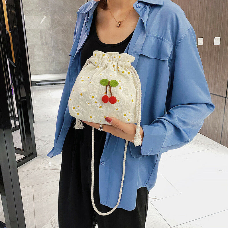 Women Drawstring Shoulder Bags Daisy Print Cherry Small Crossbody Pocket