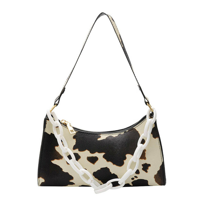 Cow Print Handbag Women PU Acrylic Chain Underarm Shoulder Bags (Beige)