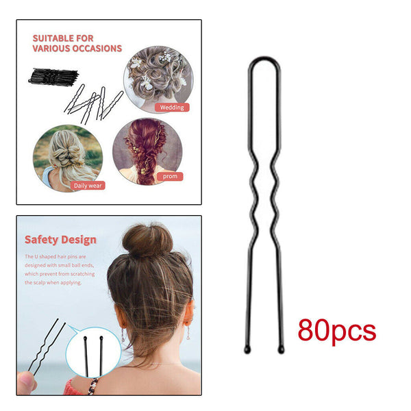 80Pcs Hair Grips U-shaped Waved Bobby Pin Bun Hairpins Clip Updo 6CM Black