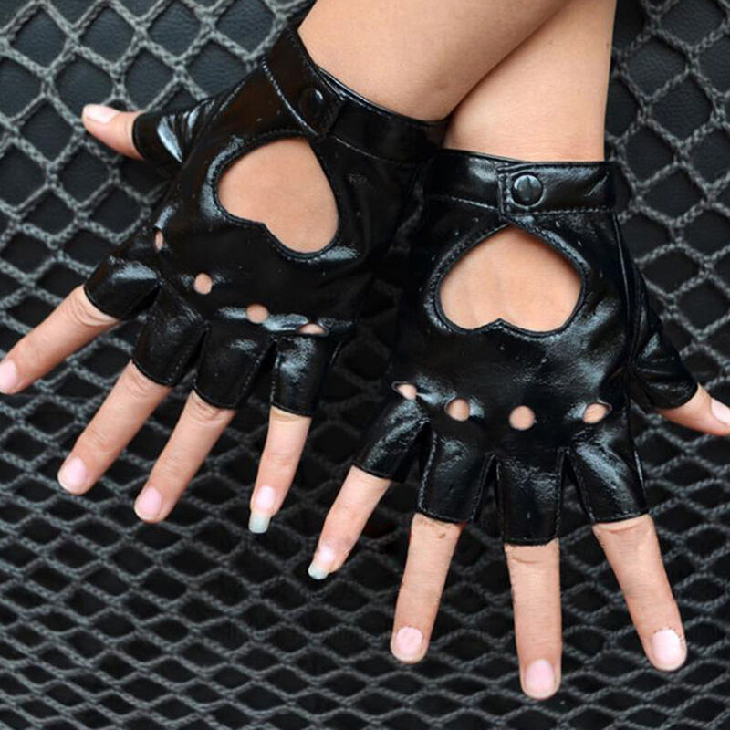 Women Punk Leather Driving Biker Fingerless Mittens Dance Motorcycle Gloves Gw