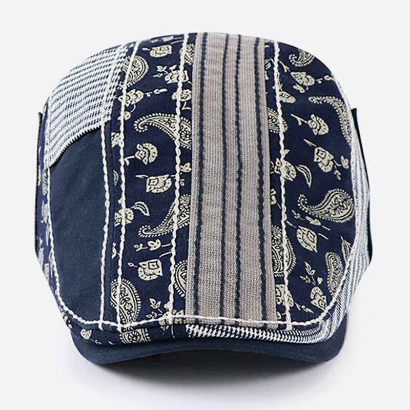 Mens Cotton Newsboy Cap Paisley Patch Block Flat Cap, Adjustable Dark Blue
