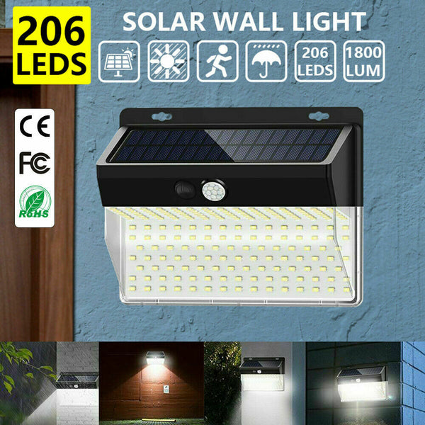 206LED Solar Motion Sensor Wall Light Outdoor Waterproof Garden Yard Street Lamp