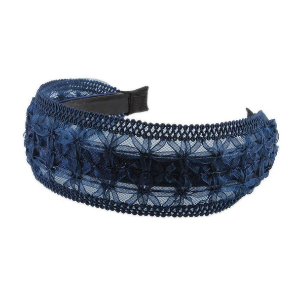 Blue Lace Floral Embroidery Wide Alice Band Headband Hairband for Women