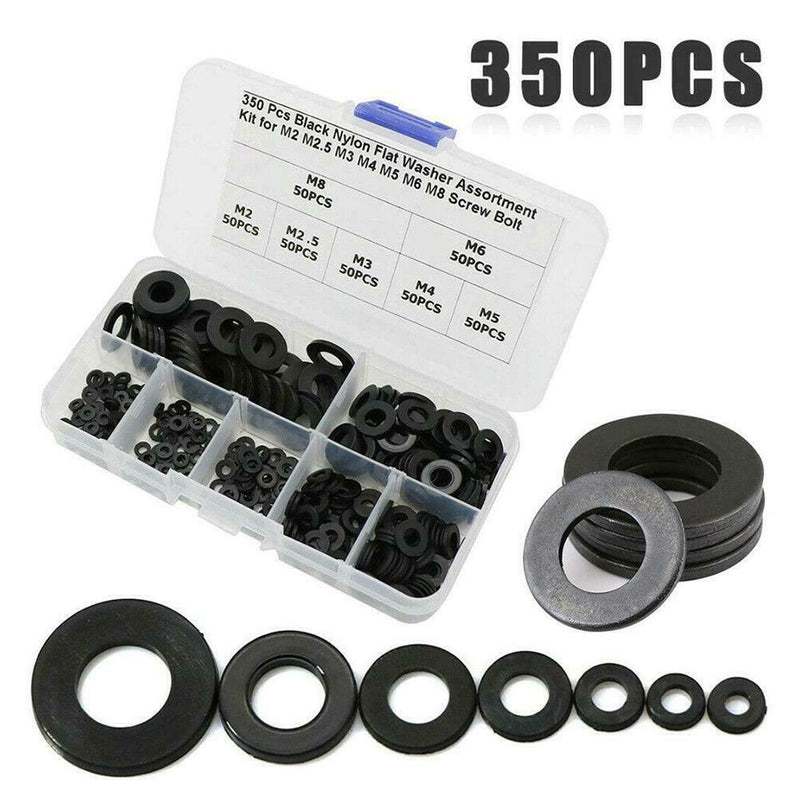 350pcs Black Nylon Flat Washer Assortment Kit Set Car Accessories