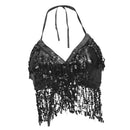 Women Glitter Sequin Tassel Halter Crop Top Latin Belly DancE Bra Top Black