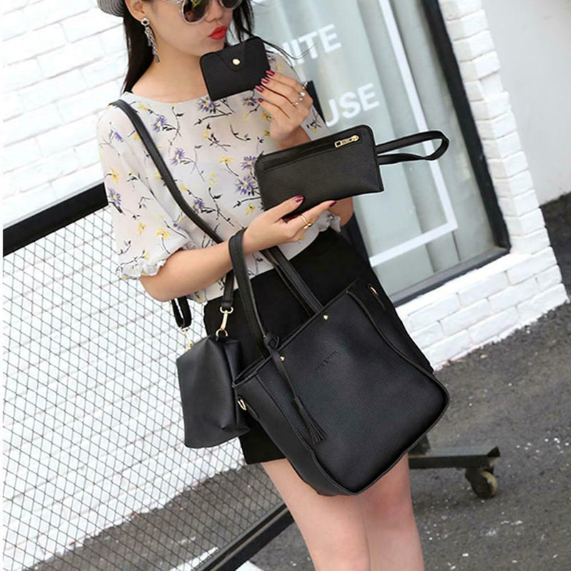 4pcs/set Litchi Leather Tassel Women Tote Shoulder Handbag Card Bags (Black