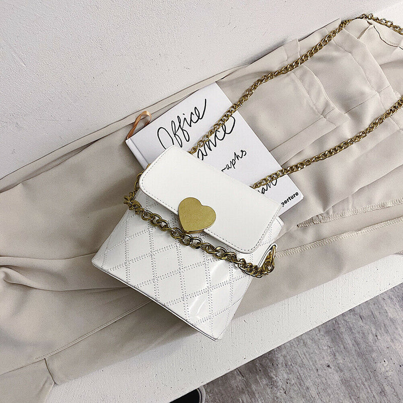 Women Bucket Shoulder Bag Leather Love Buckle Chain Crossbody Bags (White) A