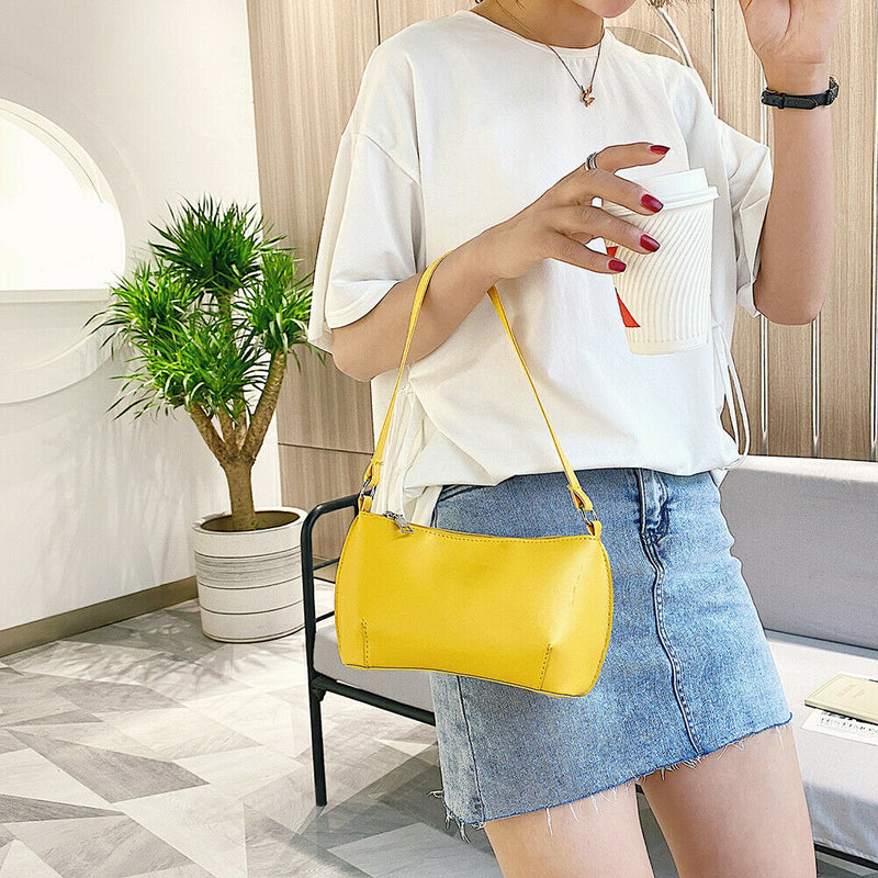 Women Casual Handbag Portable Female Solid PU Totes Shoulder Bag (Yellow)
