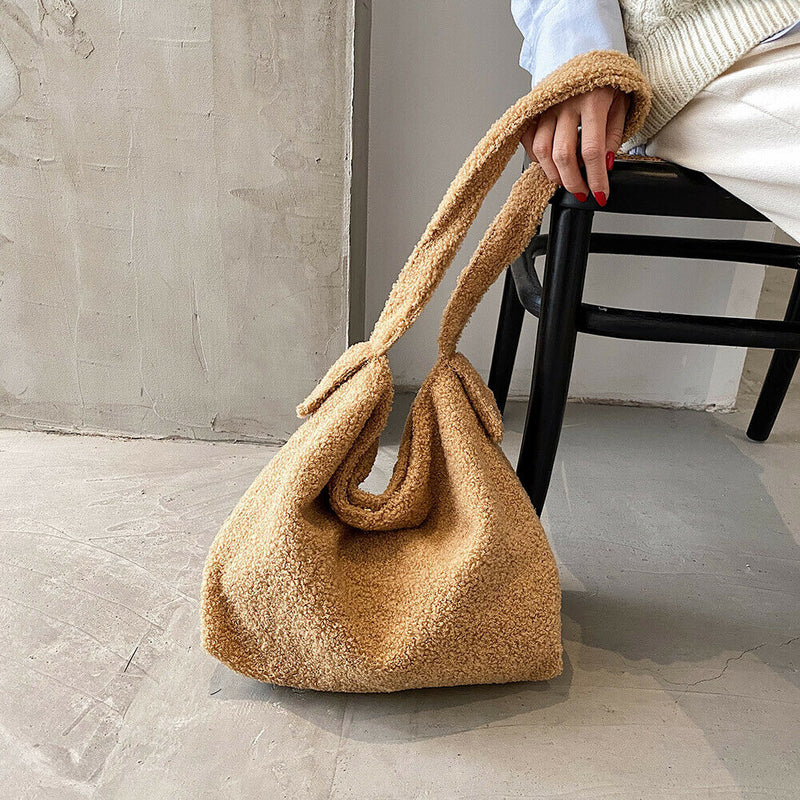 Plush Women Shoulder Messenger Bag Solid Big Capacity Shoulder Tote (Khaki)