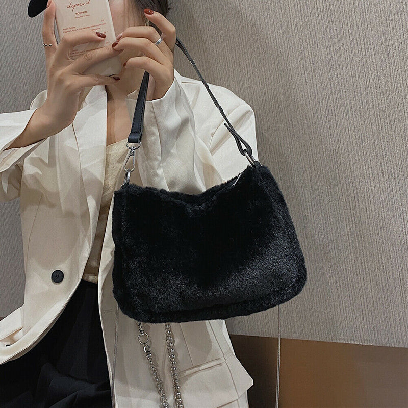 Plush Underarm Pack Shoulder Messenger Bag Women Soft Fluffy Totes (Black)