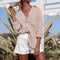 Long Sleeve Blouse Women Turn Down Collar Plain Cardigan Tops (Khaki XL)