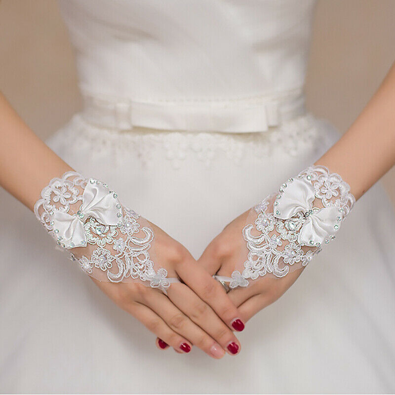 Short Lace Floral Rhinestone Bowknot Fingerless Wedding Party Bridal Gloves T Kw
