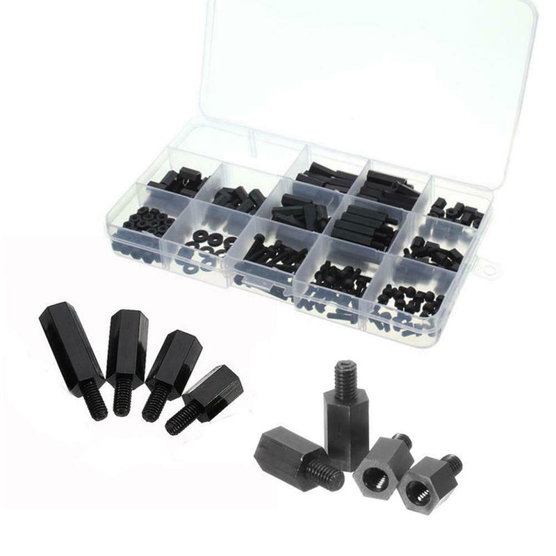 260pcs/box Black Nylon Outer Hex Screws Nuts PCB Standoff Assortment Kit A