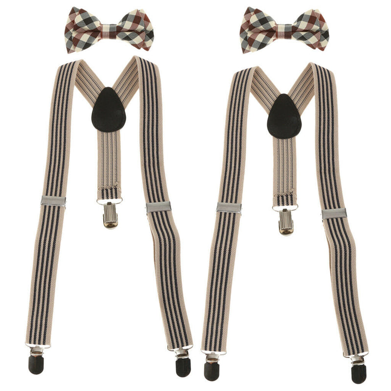 2Sets Boys Adjustable Suspenders Clip-on Braces Belts with Plaid Bowties Set