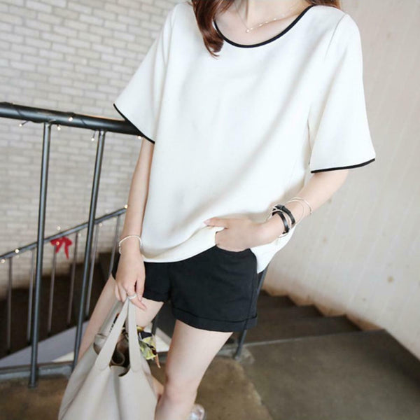Women Bottom T-Shirt Solid Color Half Sleeve O-neck Tee Shirt (White XL) A#S