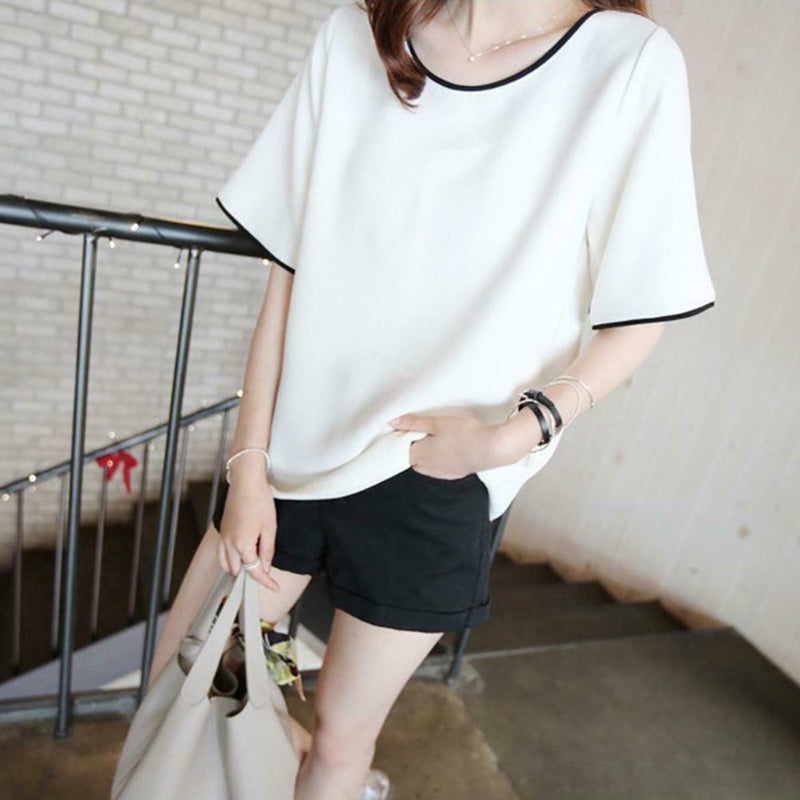 Women Bottom T-Shirt Solid Color Half Sleeve O-neck Tee Shirt (White XL) A